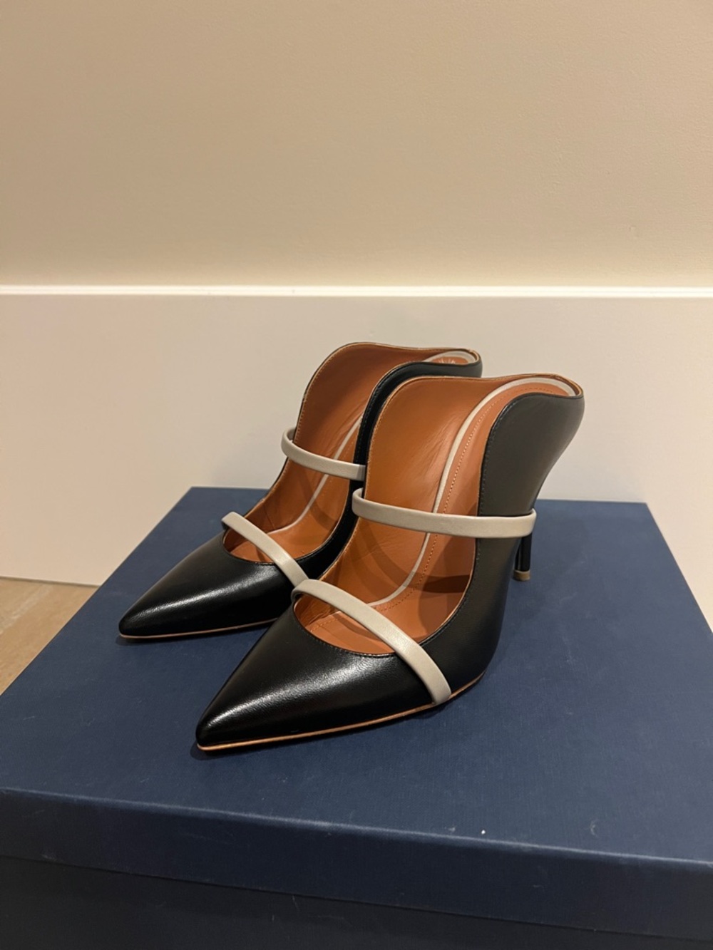 Malone Souliers 100mm Black & Grey Leather Stiletto Mules